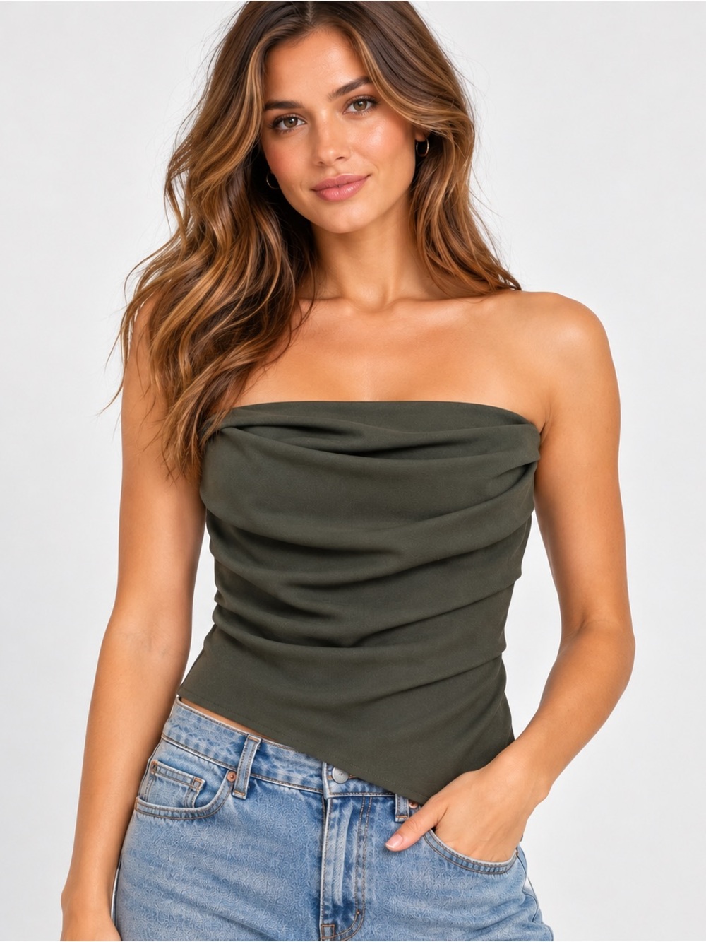 NWT Open Edit Olive Green Strapless Draped Asymmetrical Y2K Going Out Top S